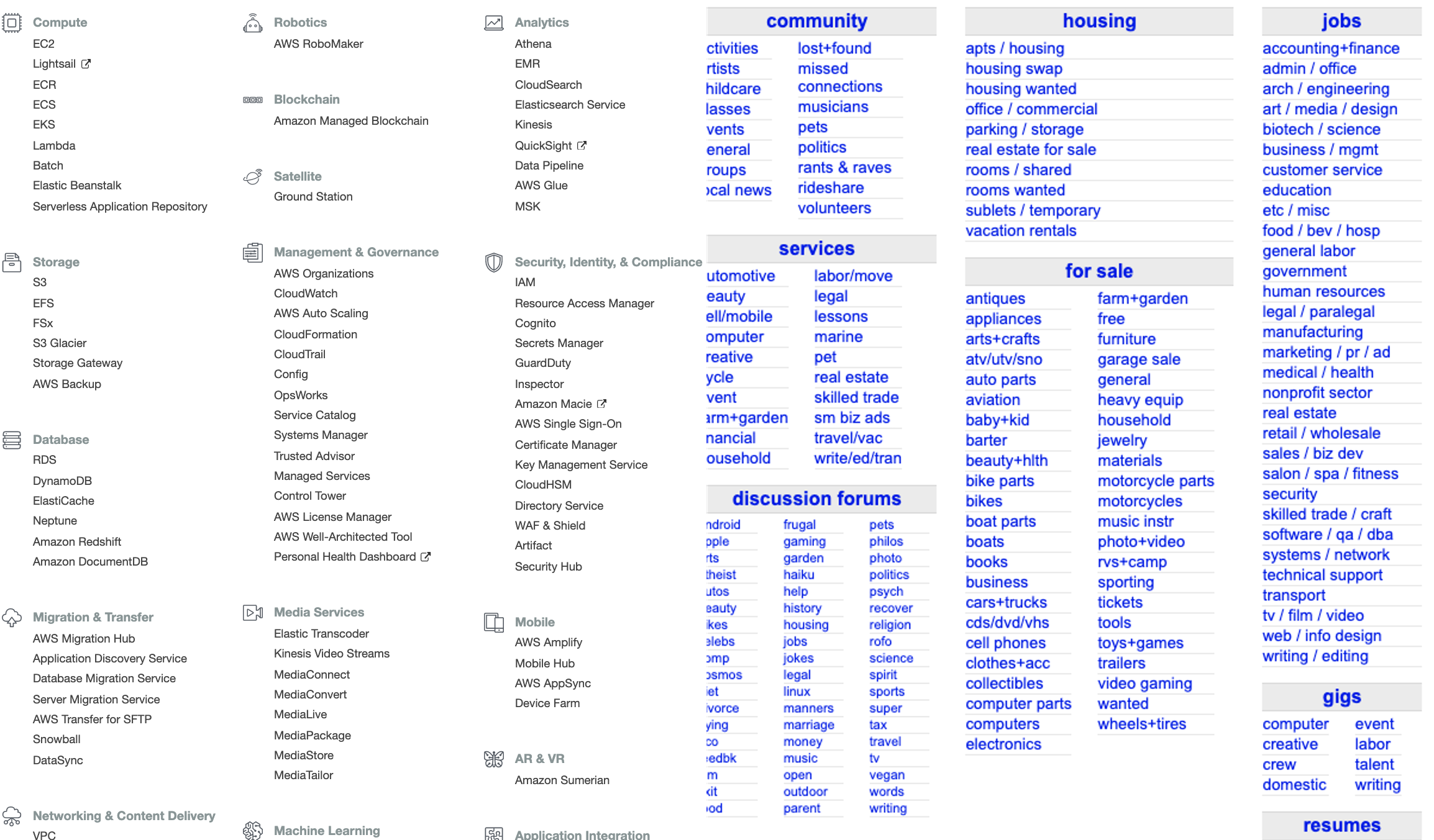 AWS Console and Craigslist homepage side-by-side